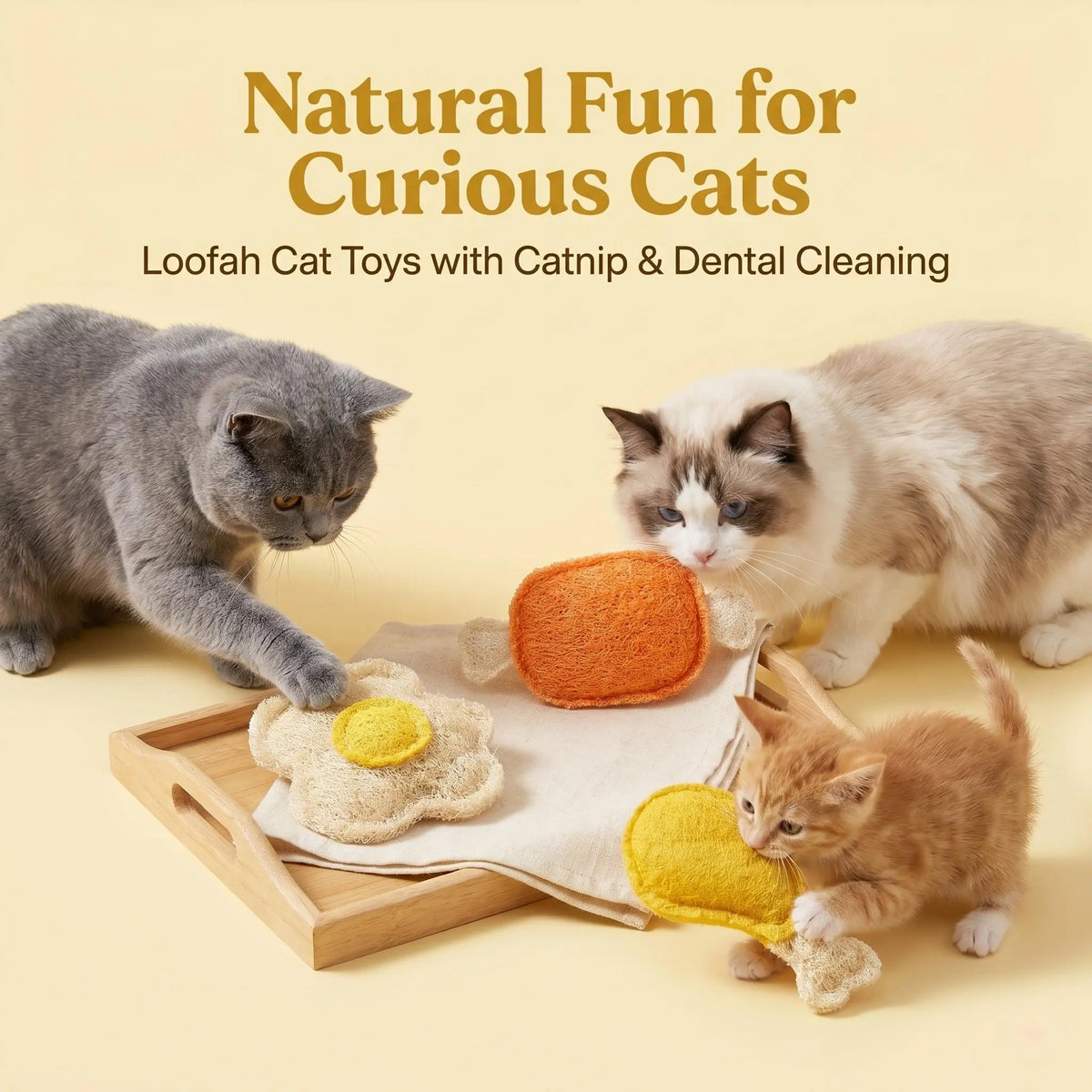 Cats playing with food shaped catnip toys indoors
