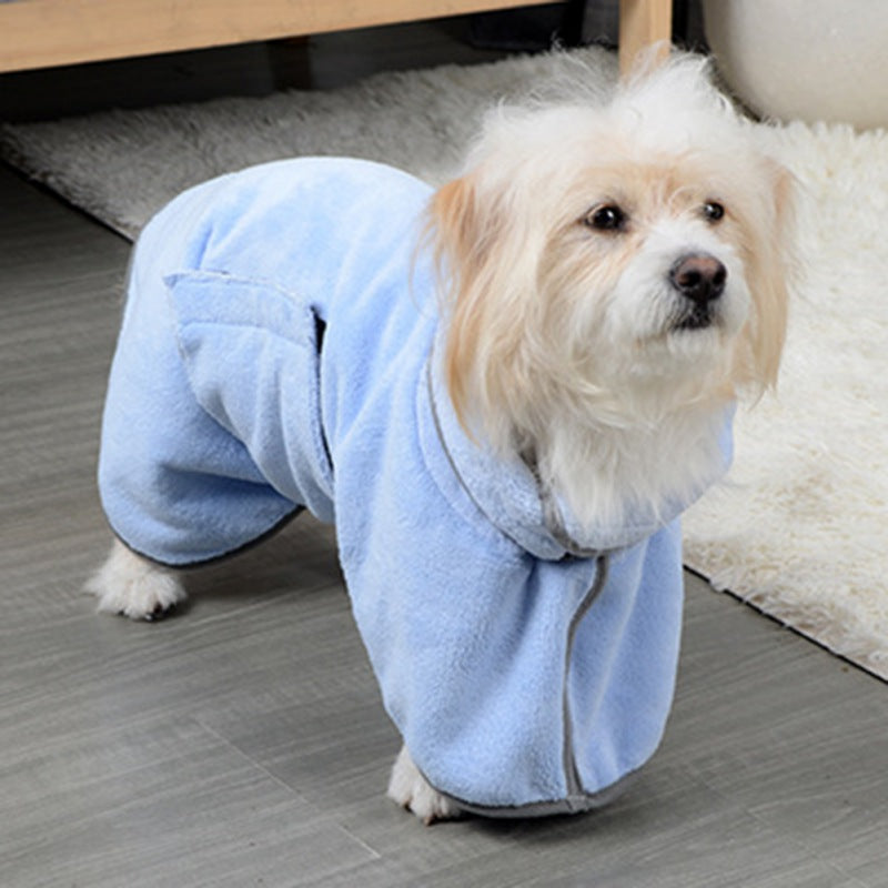 Dog wearing blue Relvya DryWrap quick-dry bathrobe