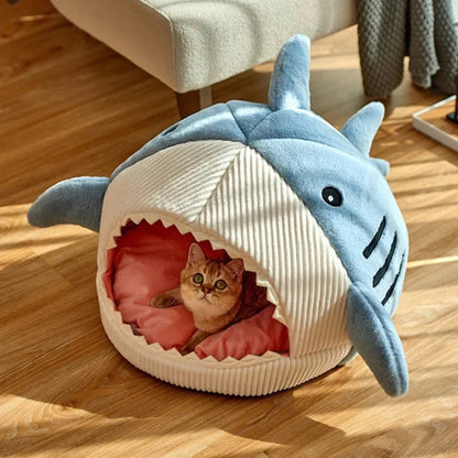 Blue shark-shaped pet bed for cats and small dogs