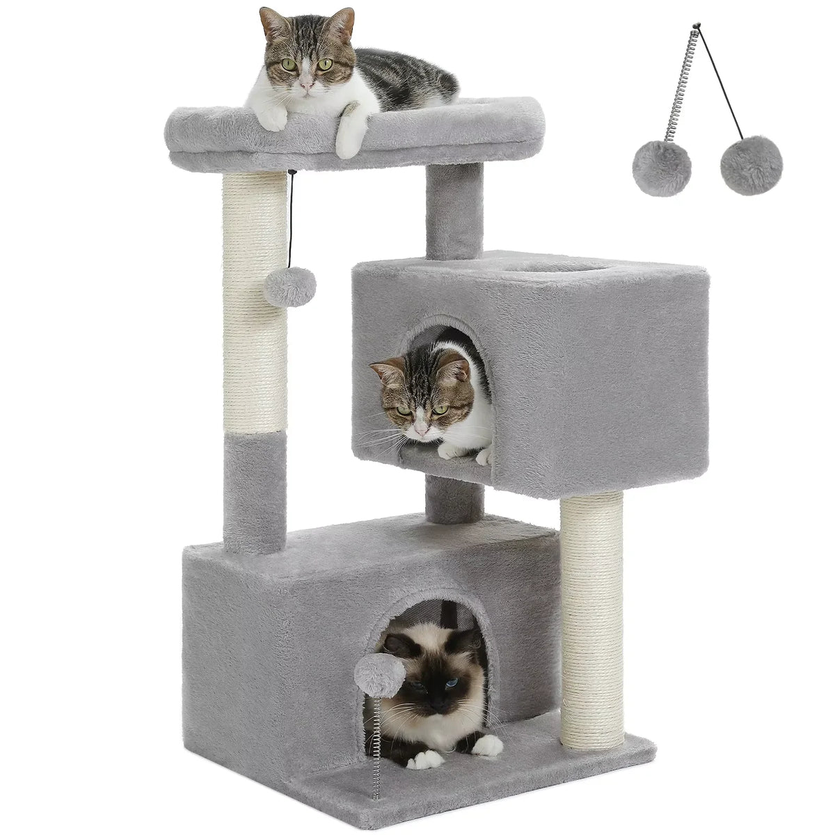 Gray cat tower with hanging toys scratching post and resting areas