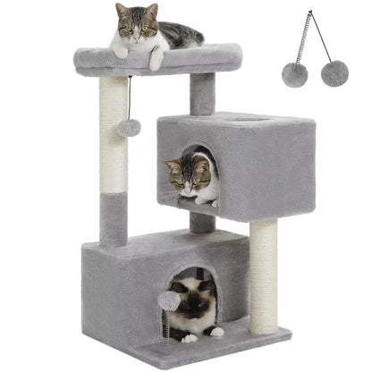 Gray cat tower with hanging toys scratching post and resting areas