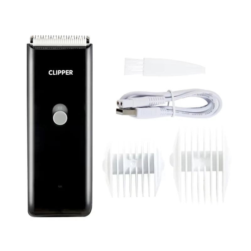 Black cordless pet hair clipper with charging cable and guide combs