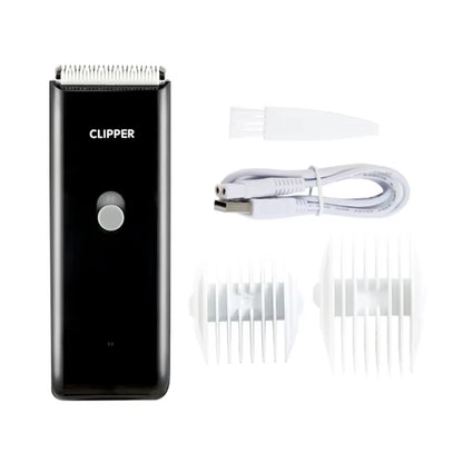 Black cordless pet hair clipper with charging cable and guide combs