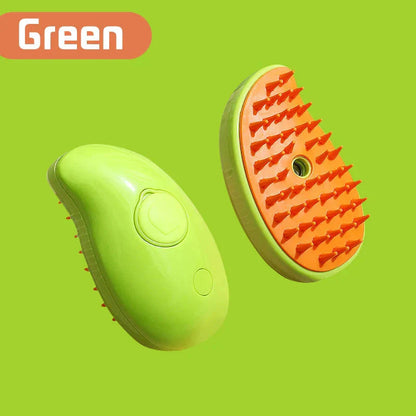 Green pet grooming mist brush with orange bristles