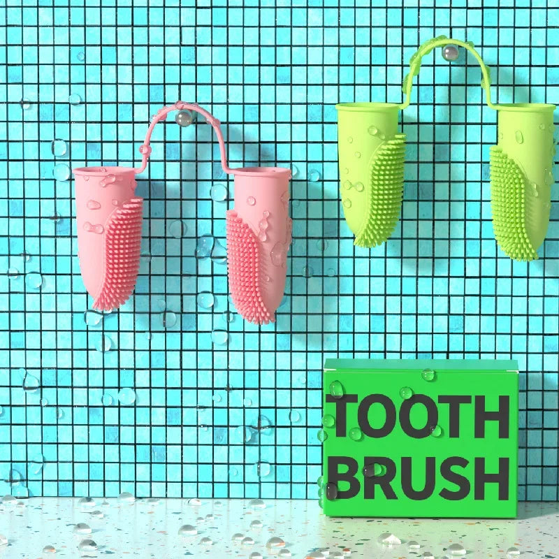 Dog using Relvya SmileSoft silicone finger toothbrush