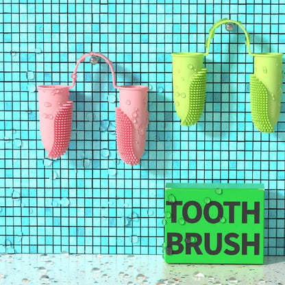 Dog using Relvya SmileSoft silicone finger toothbrush