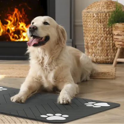 Dog beside absorbent pet food and water mat