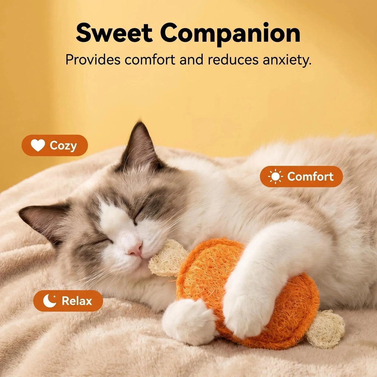 Cat resting with soft catnip toys for comfort and play