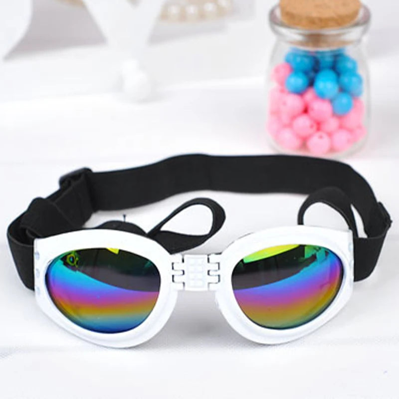 Black and white pet goggles with reflective rainbow lenses