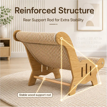 Reinforced wooden frame cat scratcher with curved lounge design