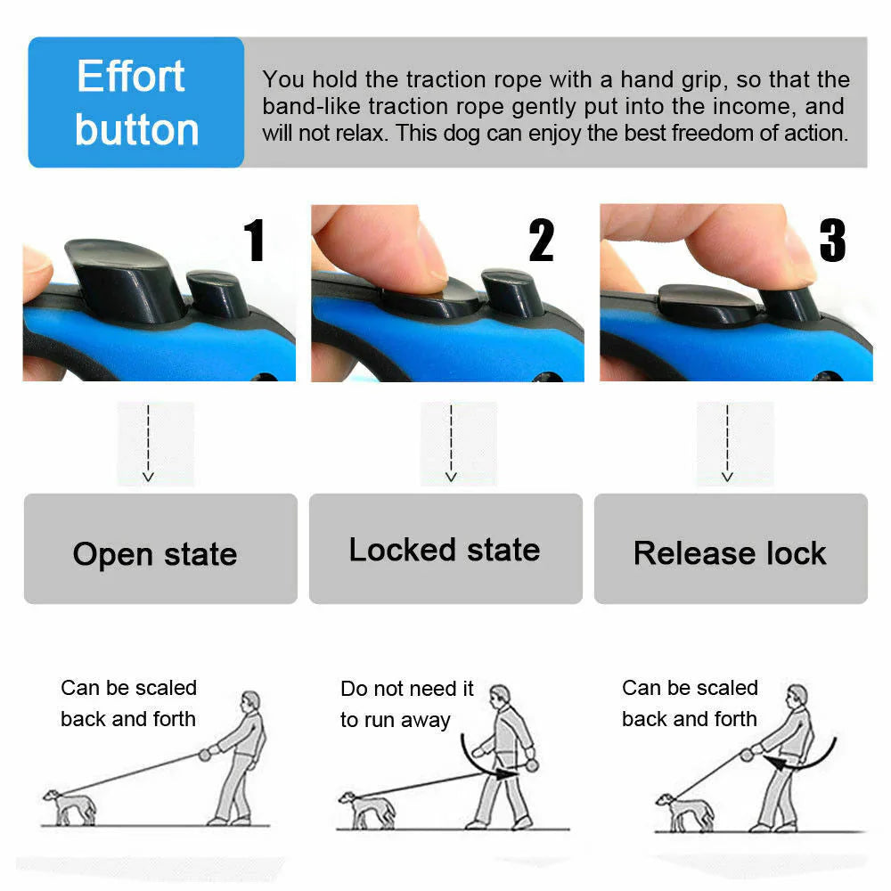 Retractable dog leash lock button with open lock and release settings
