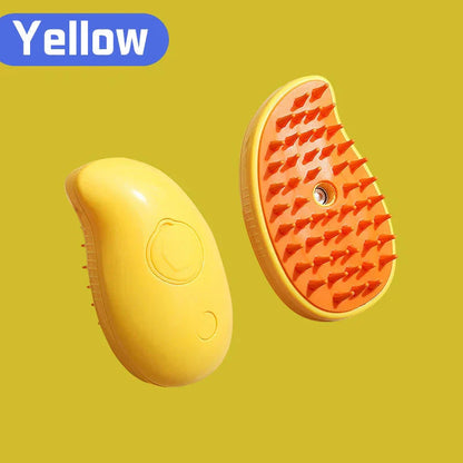 Yellow pet grooming mist brush with orange bristles