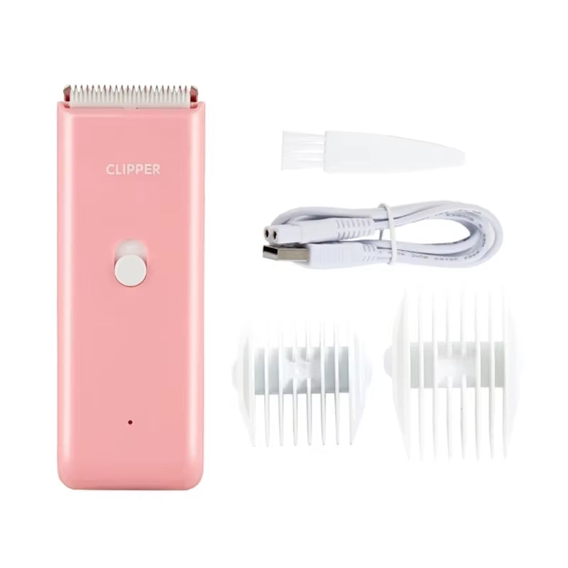 Pink cordless pet hair clipper with charging cable and guide combs