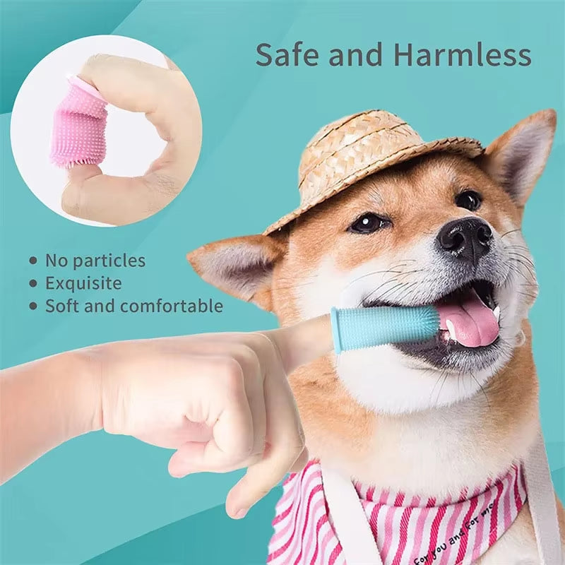 Soft silicone pet finger toothbrush used on dog teeth