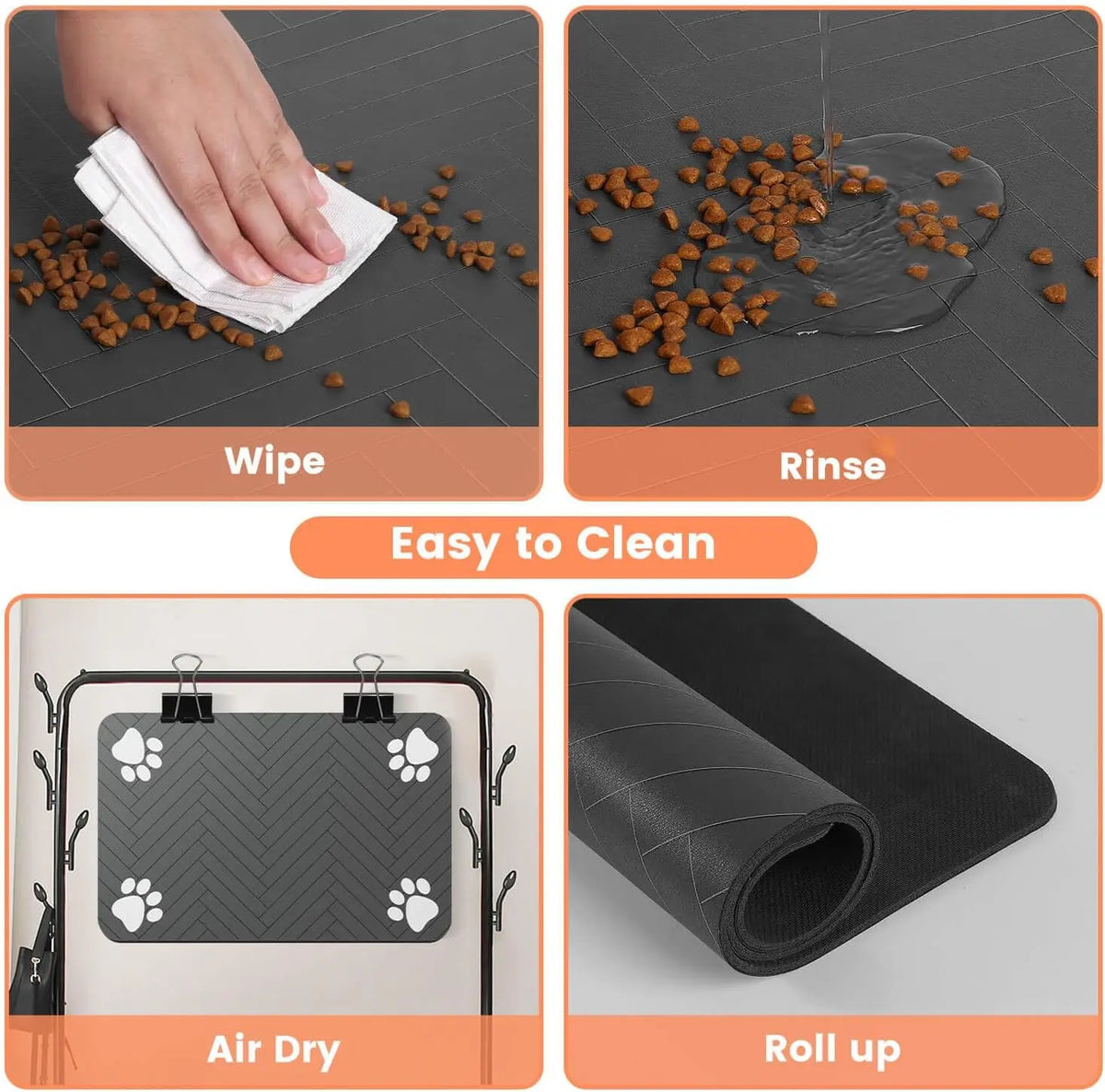 Easy-clean pet feeding mat wipe and rinse demonstration