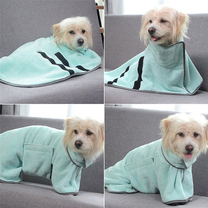 Dog wearing green and blue quick-dry pet bathrobes