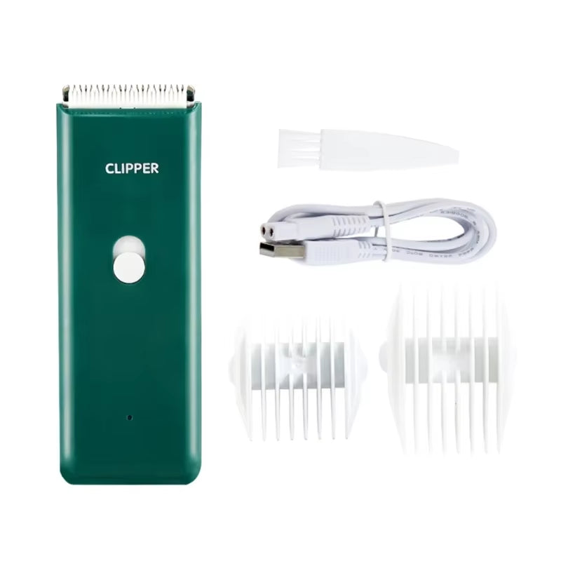 Green cordless pet hair clipper with charging cable and guide combs