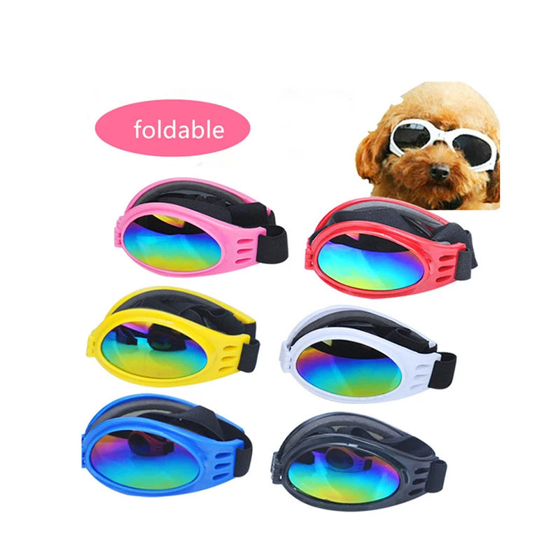 Adjustable dog goggles shown in different color options