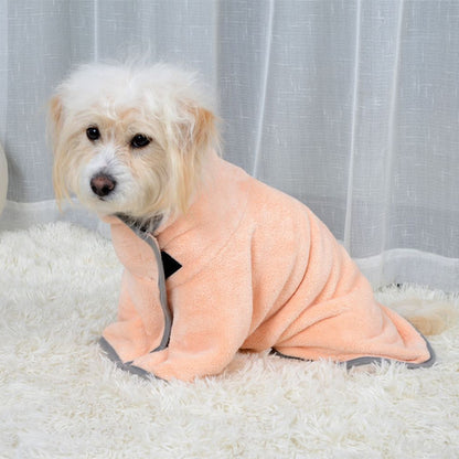 Dog sitting in peach quick-dry pet bathrobe
