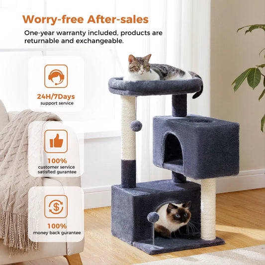 Cat tower with scratching post perch and enclosed resting space