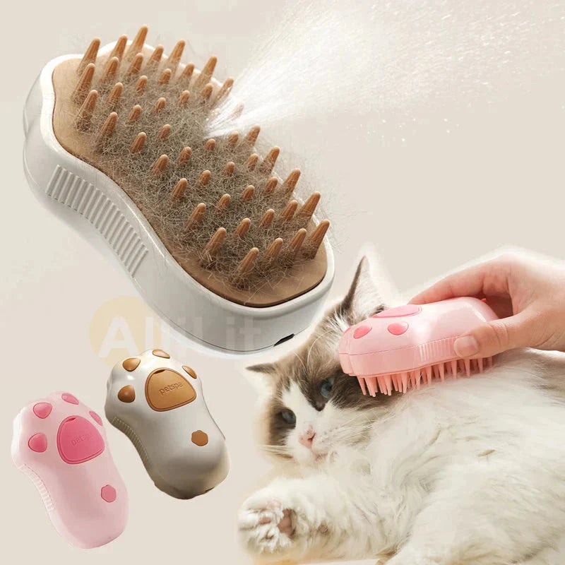 Pet grooming mist brush used on a cat