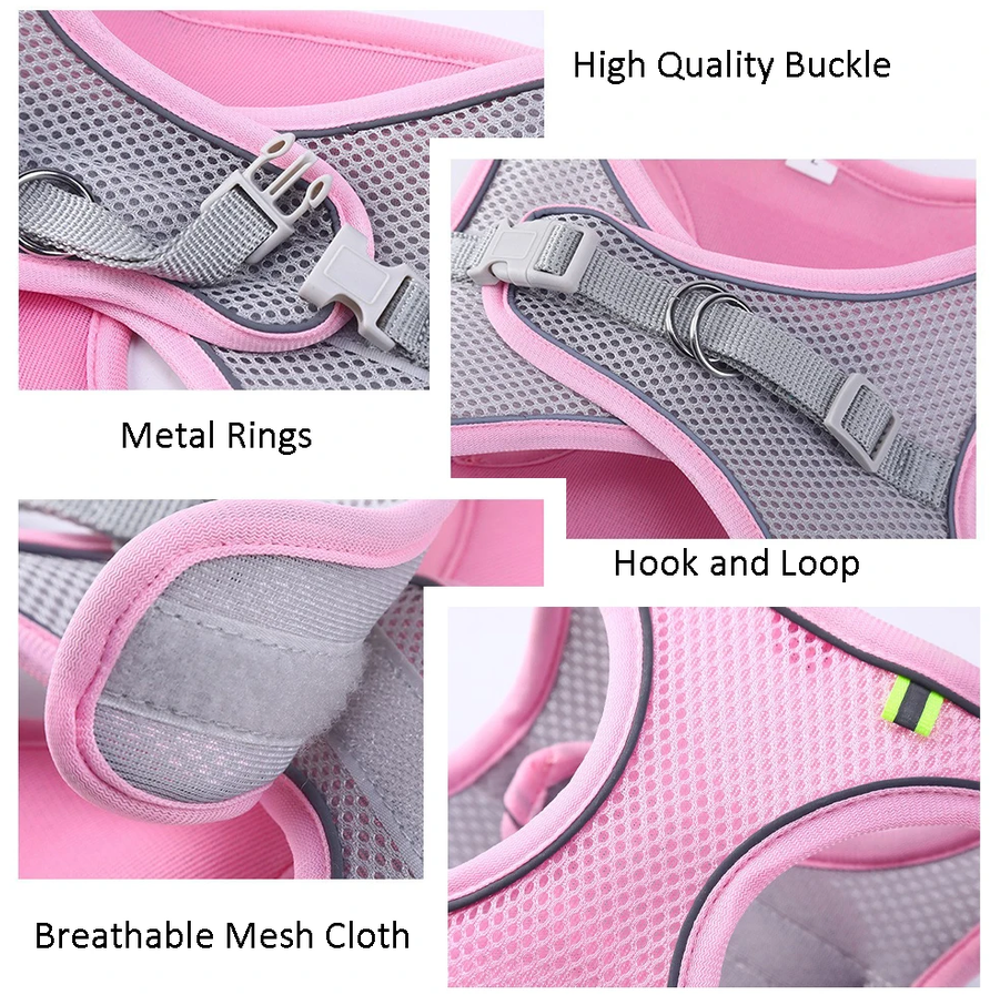 Reflective pet harness buckle and metal ring details
