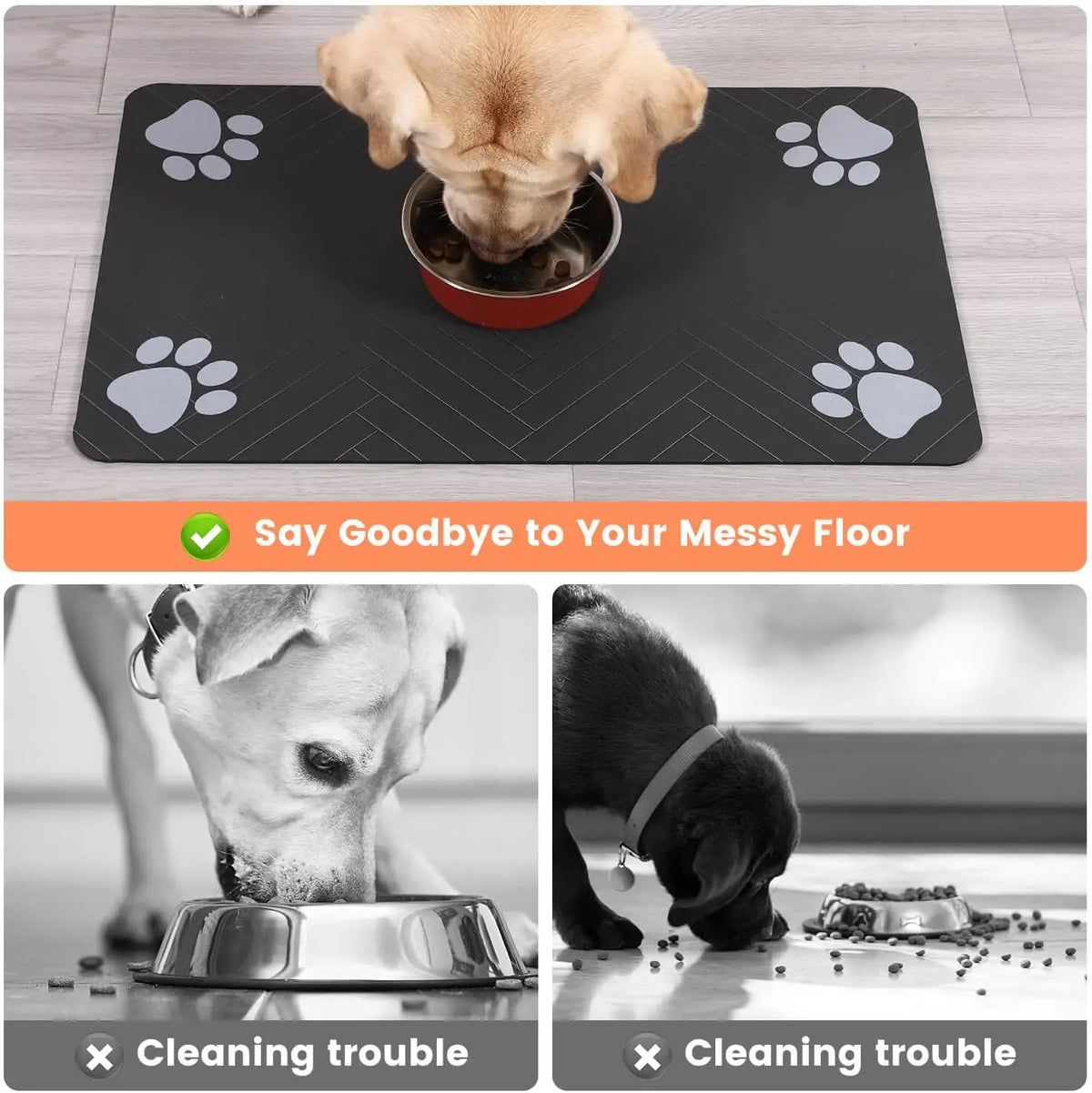 Dog eating from bowl on absorbent pet feeding mat