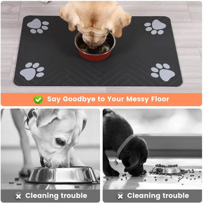 Dog eating from bowl on absorbent pet feeding mat