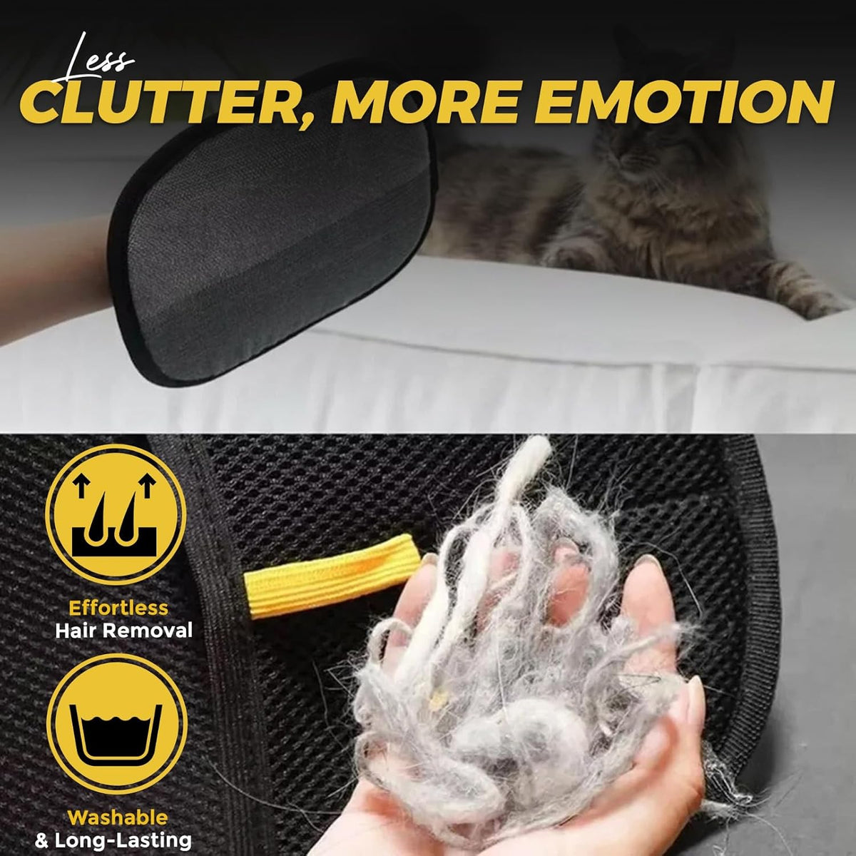 Pet grooming glove collecting loose hair and reducing fur around the home