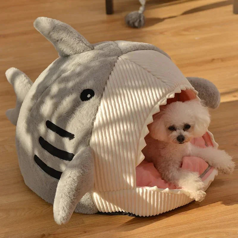 Shark-shaped pet bed with a small dog resting inside