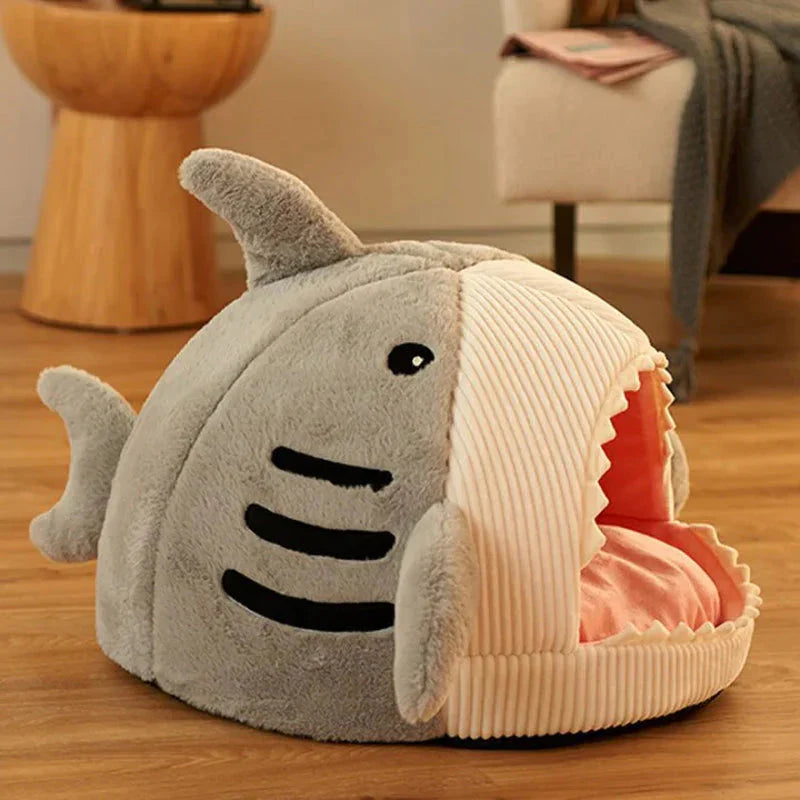 Gray shark-shaped pet bed for cats and small dogs