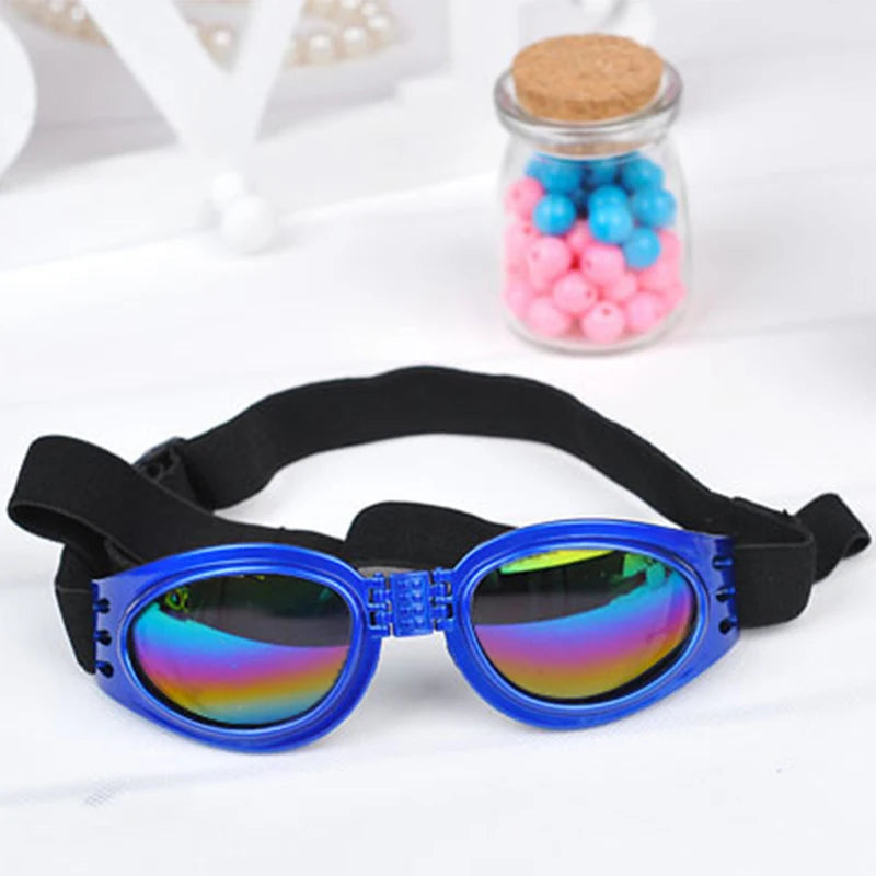 Blue pet goggles with reflective lenses