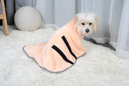 Dog wearing peach pet bathrobe with adjustable straps