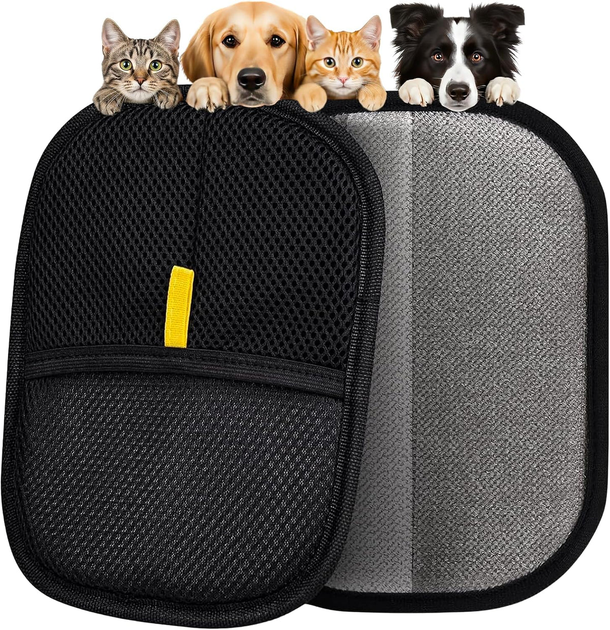 Pet grooming glove shown from front and back