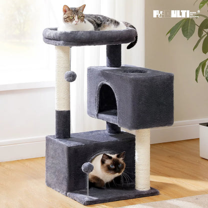Gray cat tree with cats resting on multiple levels