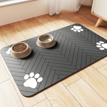 Pet food and water bowls on Relvya CleanPaws feeding mat