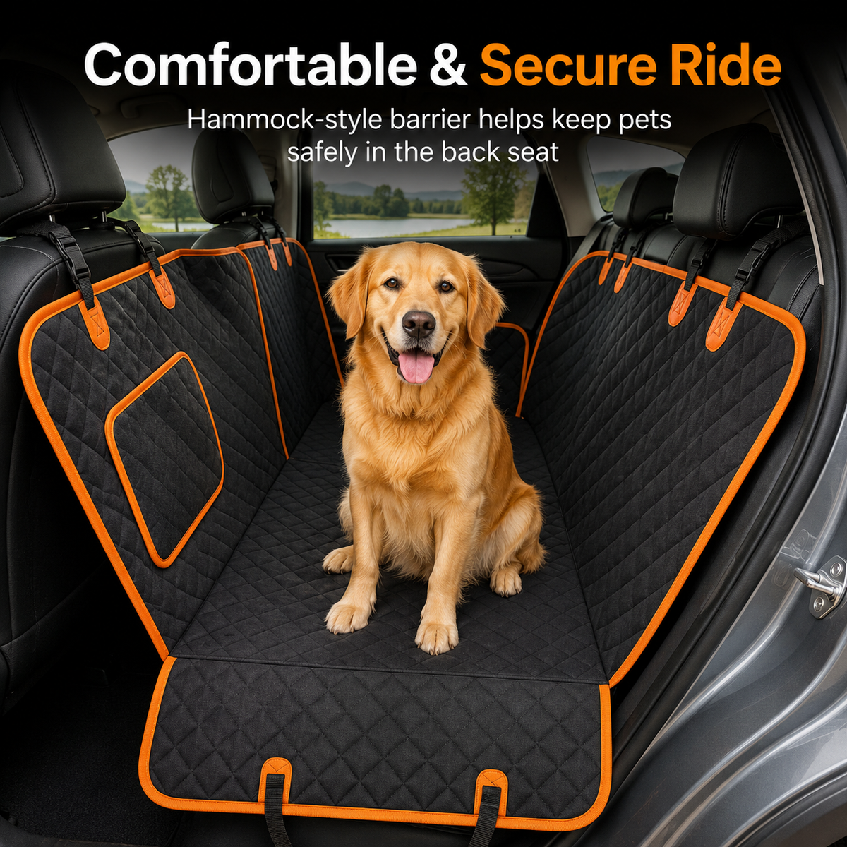 Golden retriever sitting on a PawGuard dog car hammock in a vehicle