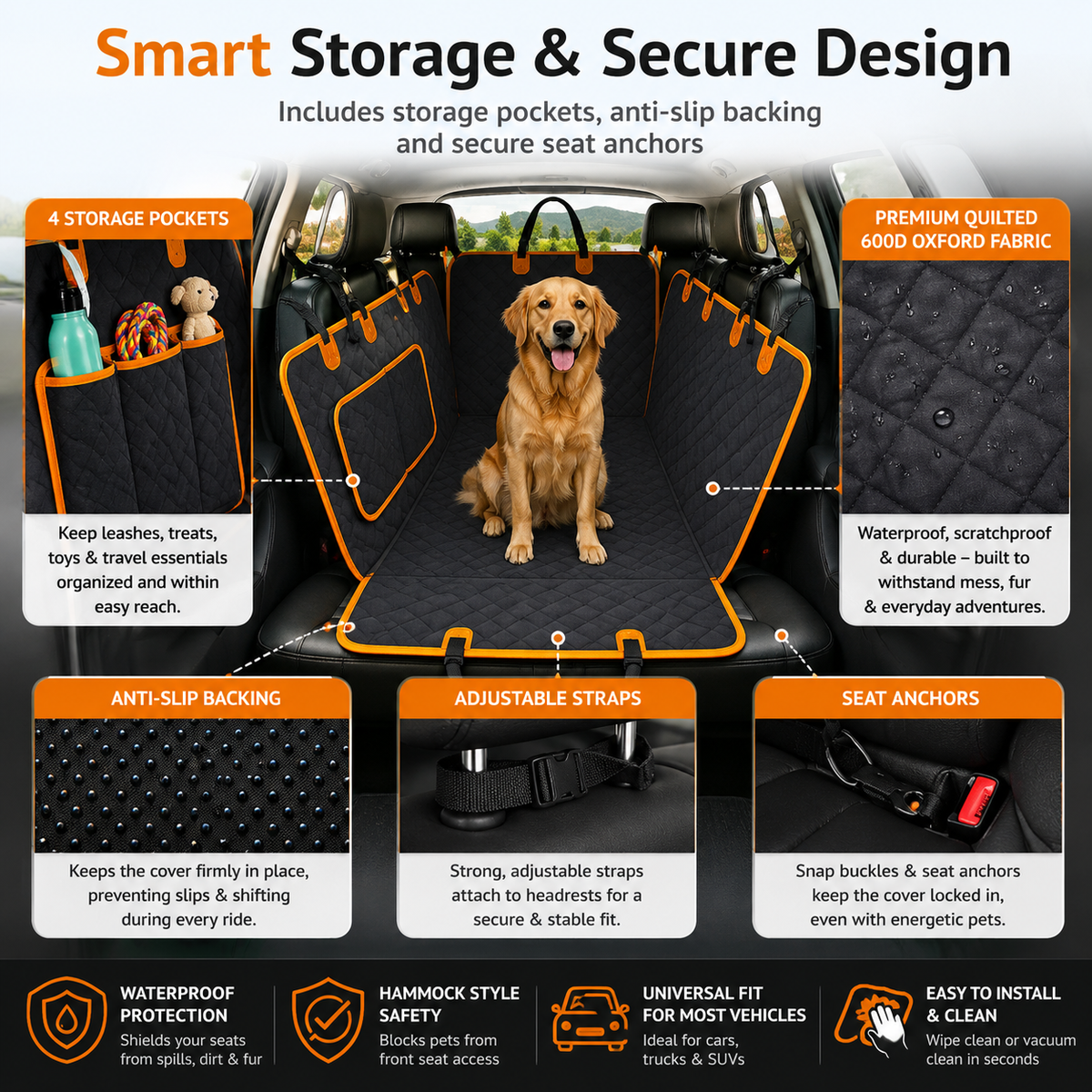 PawGuard dog car hammock with storage pockets and adjustable straps