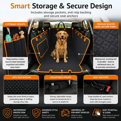 PawGuard dog car hammock with storage pockets and adjustable straps