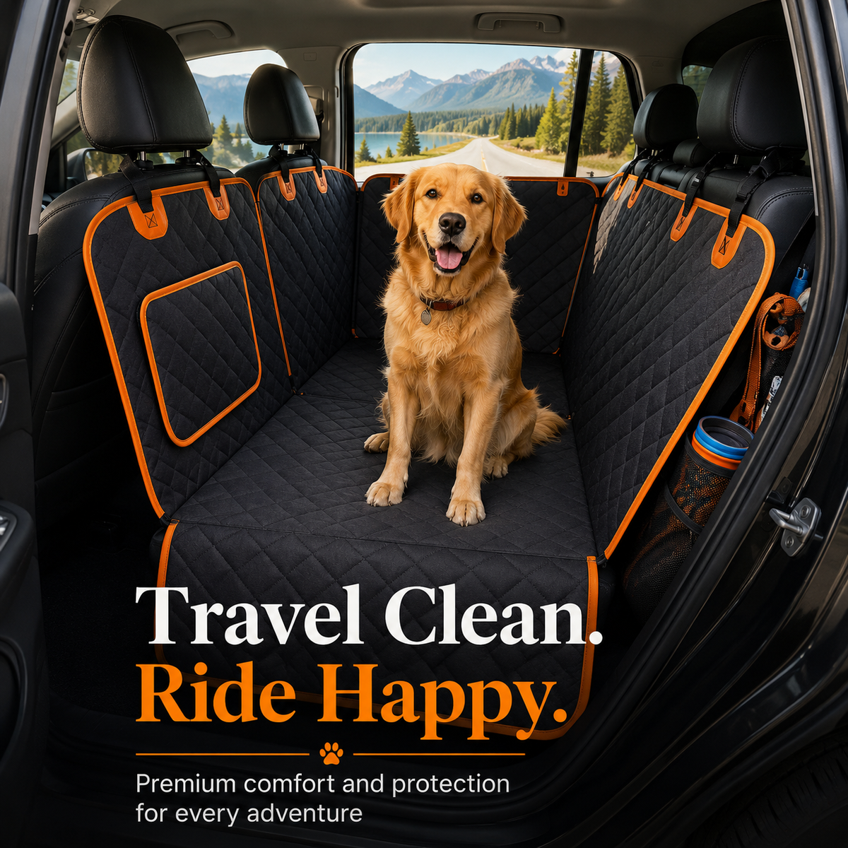 Golden retriever sitting on a PawGuard dog car hammock during travel