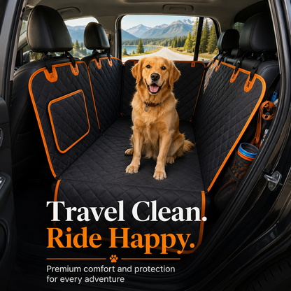 Golden retriever sitting on a PawGuard dog car hammock during travel