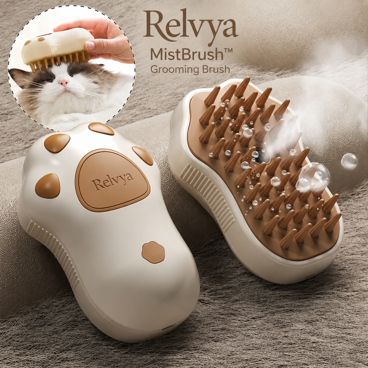 Pet grooming mist brush for removing loose fur from cats and dogs