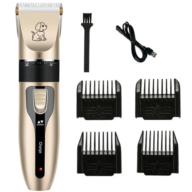 Cordless pet grooming clipper with guide combs and charging cable