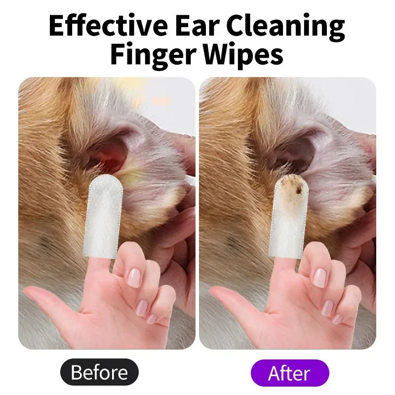 Pet ear cleaning finger wipes shown before and after use