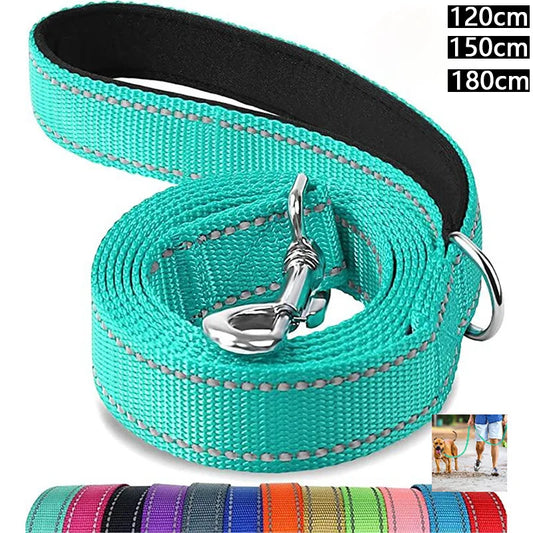Reflective dog leash with padded handle and metal clip