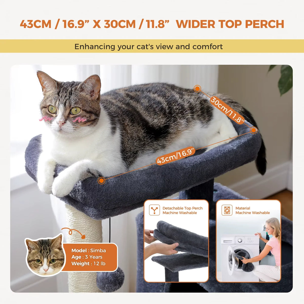 Compact cat tree with wide top perch and product dimensions
