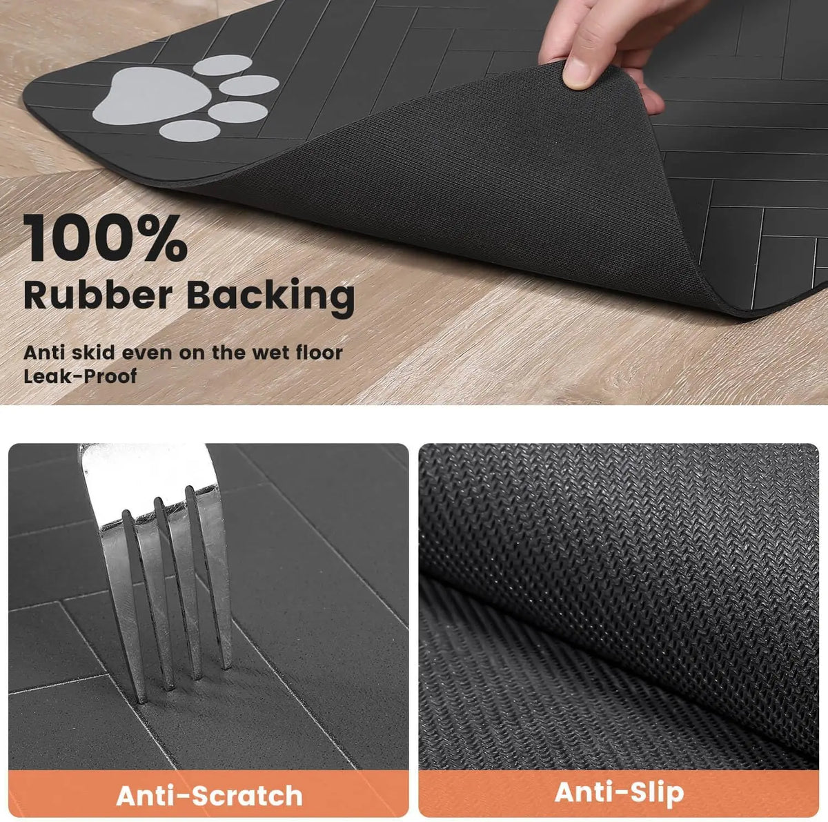 Non-slip waterproof rubber backing on pet feeding mat