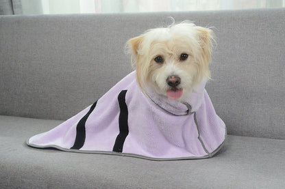 Dog wearing purple Relvya DryWrap pet bathrobe