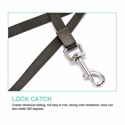 Retractable dog leash metal lock clip attached to a harness