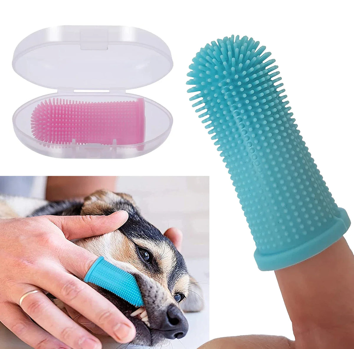 Dog using Relvya SmileSoft silicone finger toothbrush